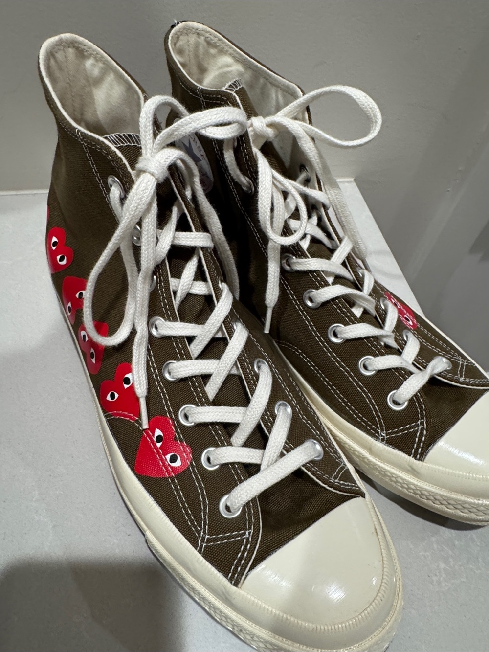 Comme des Garcons PLAY Brown High-Top Sneakers with Red Heart Motifs